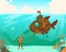 Scuba diver on sea floor, study the flora, fauna, flat vector illustration. Design submarine, male character. Web banner