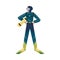 Scuba diver standing with hands on the belt in wetsuit, flippers, and aqualung. Vector illustration in the flat cartoon