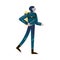 Scuba diver standing with one hand on the belt in wetsuit, flippers, and aqualung. Vector illustration in the flat