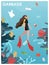 Scuba diver swimming under water surrounded by floating plastic garbage, flat vector illustration. Water pollution.
