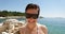 Scuba diver woman can\'t see because of sun