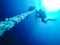 Scuba Divers Descending Holding a Rope to a Shipwreck in the Red Sea in Egypt.