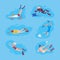 Scuba divers diving in ocean or sea on summer vacation set. Young men and women in swimwear and diving masks swimming