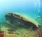 Scuba divers explore a wreck in the Indian Ocean