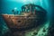 Scuba divers exploring a sunken shipwreck, underwater mysteries, high quality. Generative AI
