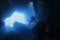 Scuba Divers Silhouette Underwater Cave