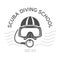 Scuba diving emblems or logo, diving mask and aqualung, underwater swimming design with diver face