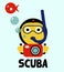 Scuba diving emoji with bubbles and red fish scuba text illustration
