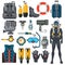 Scuba diving equipment accessories collection. Diver man in underwater wetsuit.