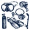 Scuba Diving Equipment Sketch Set.