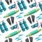 Scuba diving equipment and surfboard, summer sports seamless pattern