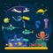 Scuba diving with fishes and coral reef vector illustration