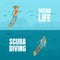 Scuba Diving, Ocean Life Banner Template, Water Active Sport, Summer Vacation Vector Illustration