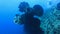 Scuba diving at ship wreck propeller in blue deep water, man diver on the background