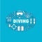 Scuba diving, snorkeling banner illustration. Water sport vector flat line icons, summer activity. Spearfishing