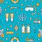 Scuba diving, snorkeling seamless pattern, water sport vector blue background. Summer activity cute repeated wallpaper