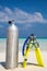 Scuba diving tank with Fins and mask on beach