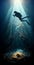 Scuba diving under deep blue sea
