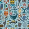 Scuba Diving, underwater activity. Summer vacation, marine life concept. Semless pattern background for your design