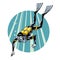 Scuba diving vector illustration. Swimming diver in wetsuit, mask, flippers and equipment for breathing on back