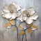 Sculpted Impressionism: Silver And Gold Painted Flowers On Grey Canvas