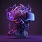 Sculptural abstract blue and purple human head in vr headset, created using generative ai technology