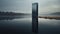 Sculptural Precision: A Black Block In A Foggy Lake