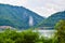 Sculpture bas-relief of the Dacian king Decebal, located on the rocky bank of the Danube in Romania. View from the coast of Serbia