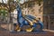 Sculpture of a blue `Lindworm` dragon, inaccurately depicted with wings, in city center of Worms