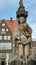 Sculpture of the Bremen Roland on the main market square in the city center, medieval statue with sword and shield, ancient