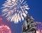Sculpture on the Bruhl Terrace and holiday fireworks--a historic architectural ensemble in Dresden, Germany