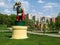 Sculpture of Cat in boots at entrance to children`s park `Kazka` Fairy tale in Sumy