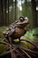 A sculpture of a common toad made entirely of recycled materials found in the forest. Generative AI