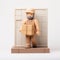 Sculpture of a courier on a stand holding a delivery box, light background, illustration. Wood, plastic, foam