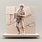 Sculpture of a courier on a stand holding a delivery box, light background, illustration. Wood, plastic, foam