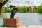 Sculpture of discus thrower at Grand pond with Admiralty buildings at background, Tsarskoe Selo Pushkin, St Petersburg, Russia