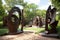 sculpture garden with a variety of sculptures, including abstract and representational pieces