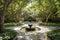 sculpture garden with water feature and benches, surrounded by lush greenery