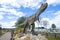 Sculpture of a giant predatory dinosaur - carnotaur close-up. Paleontological childrens park `Yurkin park`