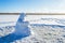 Sculpture of Homunculus loxodontus sculpted from snow against a blue sky. Close-up sculpture.