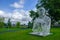 A sculpture by Jaume Plensa and surrounding landscape at the 2019 Federal Garden Show BUGA in Heilbronn, Germany