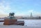 Sculpture of a lion on the embankment of Neva River in St. Peter