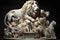 a sculpture of a lion, surrounded by other animals