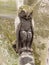 Sculpture of an owl with mold in the Pere Lachaise cemetery. All Saints Day, November 1, Day of the Dead, Dia de muertos