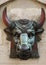 Sculpture of an ox head in an ancient market in Paris, France. 1