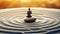A sculpture with pebbles in a calm lake and a small meditating zen buddha figure. Ai generated
