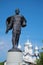 Sculpture of Prince Alexander Nevsky and the dome of Saint Boris and Gleb Church. Veliky Novgorod, Russia