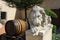 Sculpture of a reclining lion next to a wooden wine -09.20.2016.Sculpture of a reclining lion next to a wooden wine barrel. Cyprus