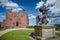 Sculpture and red brick tower, Powis Castle, Wales