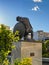 Sculpture of a Spartan warrior in the center of the historical Greek city of Sparti Known as Sparta, Greece. Urban view of the